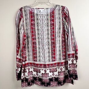 J. Jill Long Sleeve Rayon Sccop Neck Floral Print Top Red Pink Yellow Medium